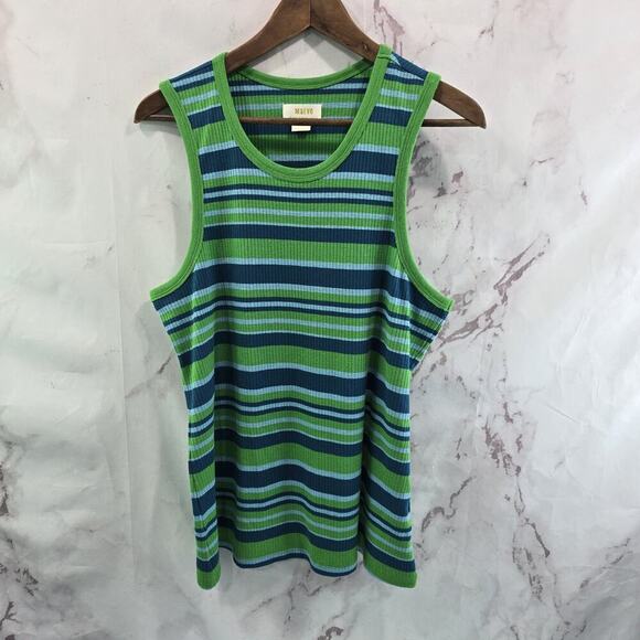 Anthropologie Top Womens XL Green Blue Striped Tank Maeve Ribbed Coastal - Picture 1 of 9